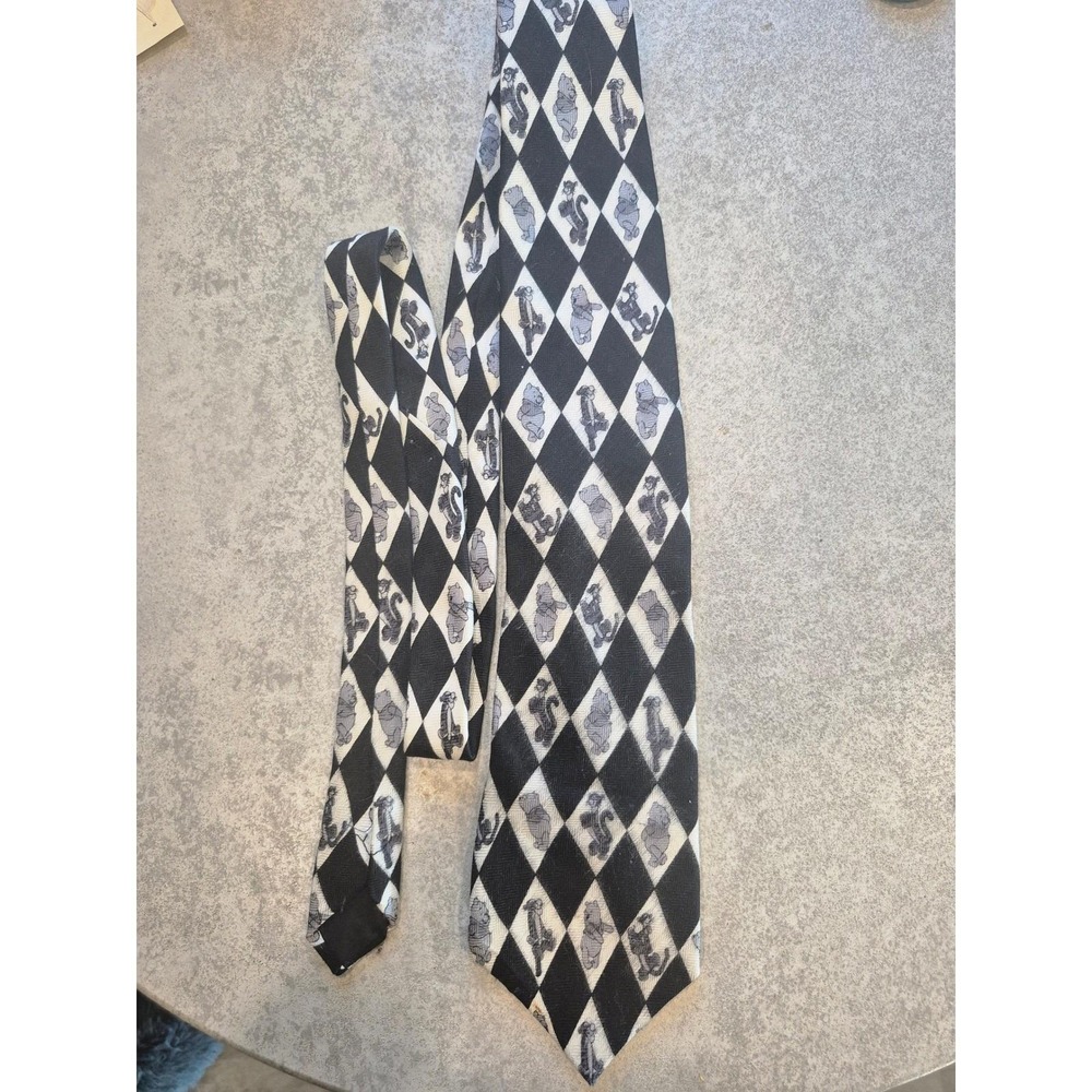Vintage Disney Winnie the Pooh Silk Tie Black White Diamond Pattern Cartoon